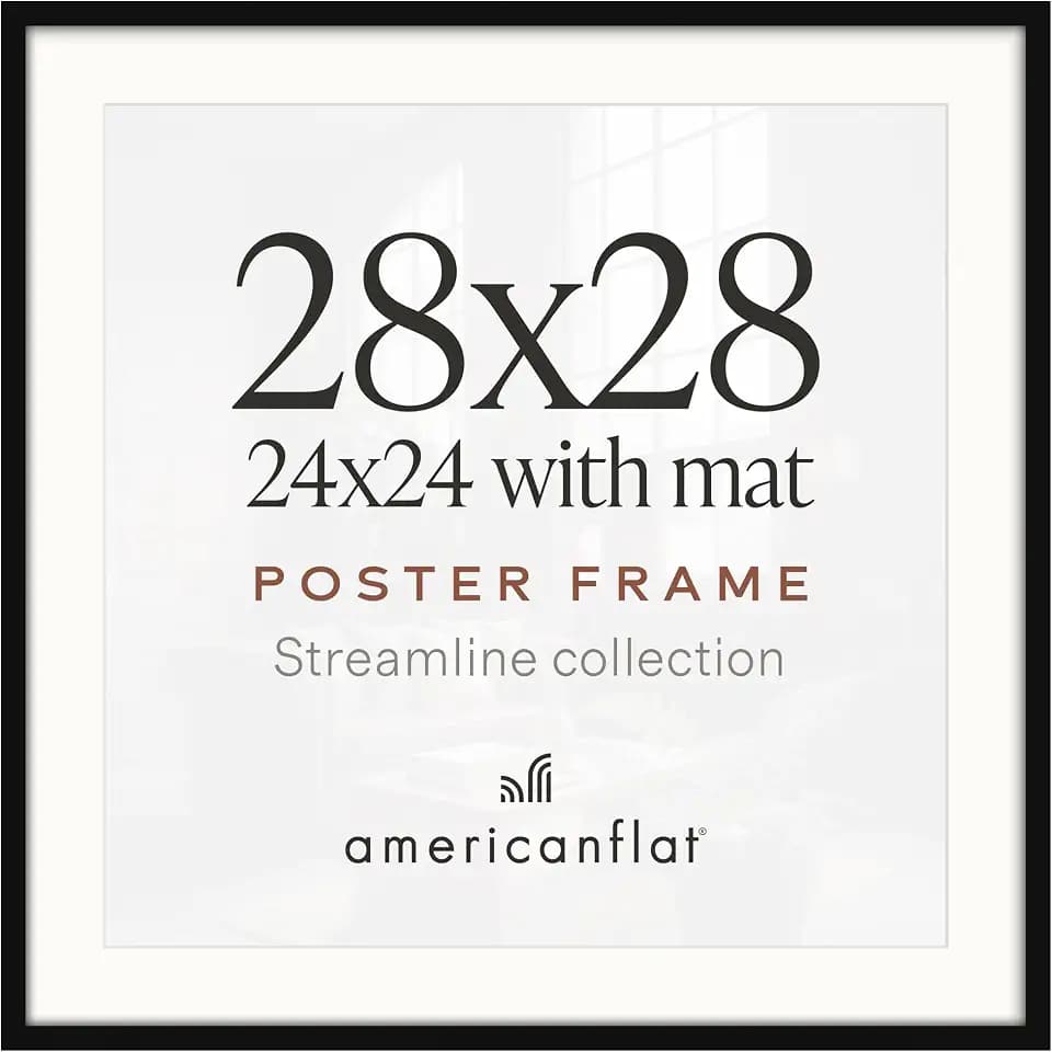 Americanflat 28x28 Poster Frame - Matted to 24x24 - Slim Molding - Black