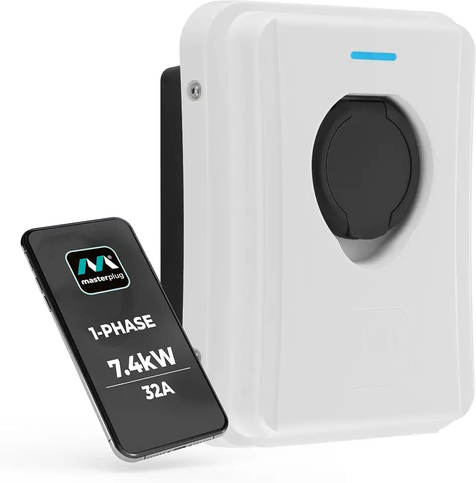 Masterplug EVCM3SS7W-MP, EV Home Wandladegerät, Elektroauto-Ladegerät, Smart Charging, Untethered, Typ 2 Steckdose mit Auto-Lock, Modus 3, 7,4 KW, WLAN, wetterfest, Weiß