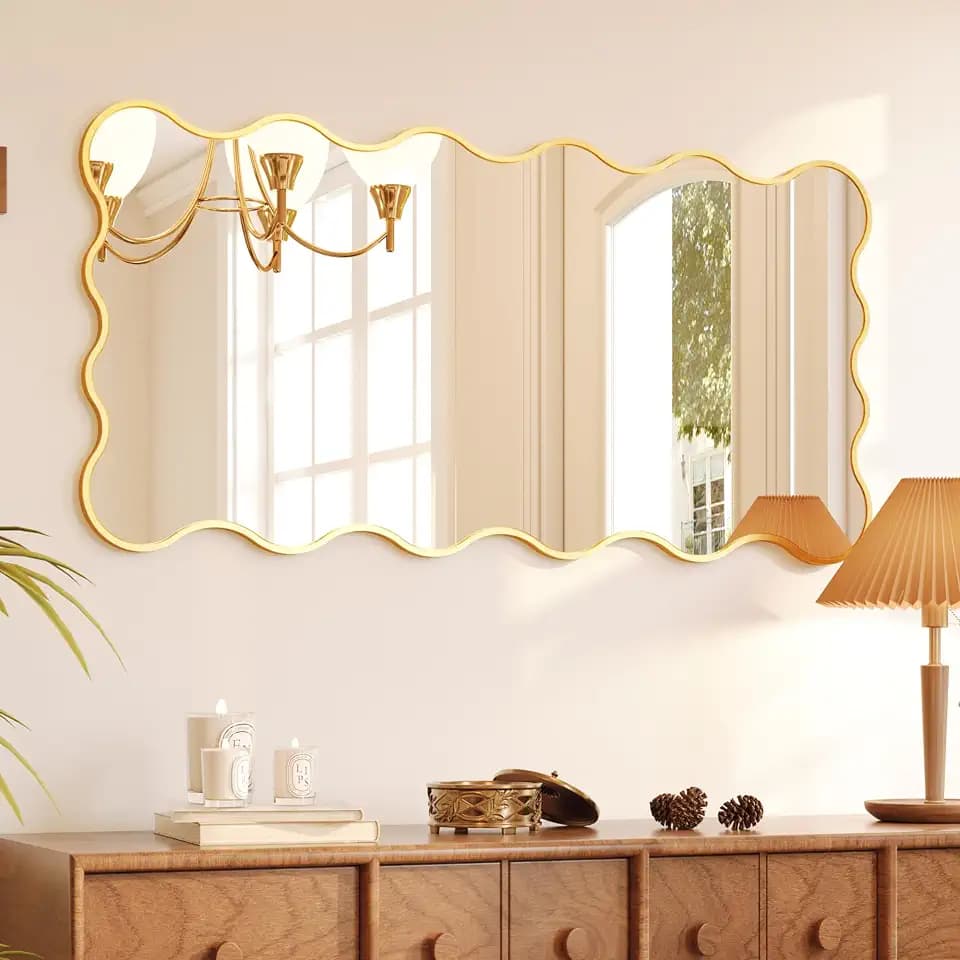 Kelly Miller 24x48 Gold Scalloped Mirror, Wavy Edge Decorative Wall Mirror