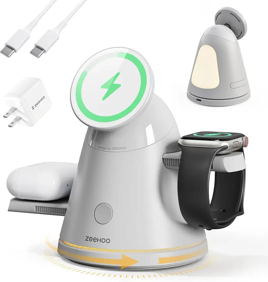 ZEEHOO 3 in 1 Charging Station for Apple Devices, Mag-Safe Charger Stand&Light,Fast Wireless Charging Station for iPhone 17/16/15/14/13/12&AirPods&iWatch&Pixel 10& Samsung Galaxy Watch-30W Adapter