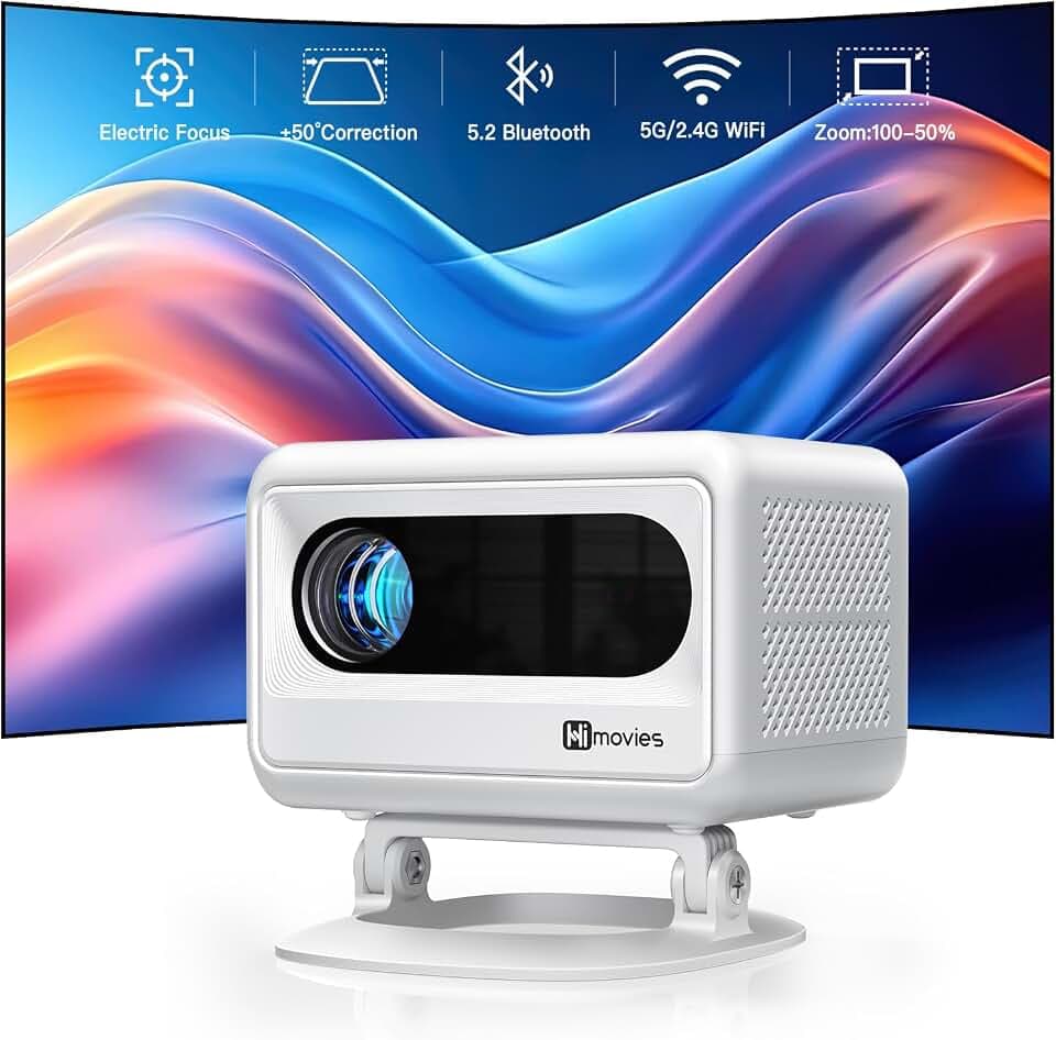 VOPLLS Mini Beamer Heimkino Klein Projektor Handy Portable Projector 1080 HD 400Ansi 2.4/5G Dual-Band WiFi 5.2 Bluetooth E-Fokus Trapezkorrektur Kompatibel Mit TV Stick/Laptop/iPhone/Android/HDMI
