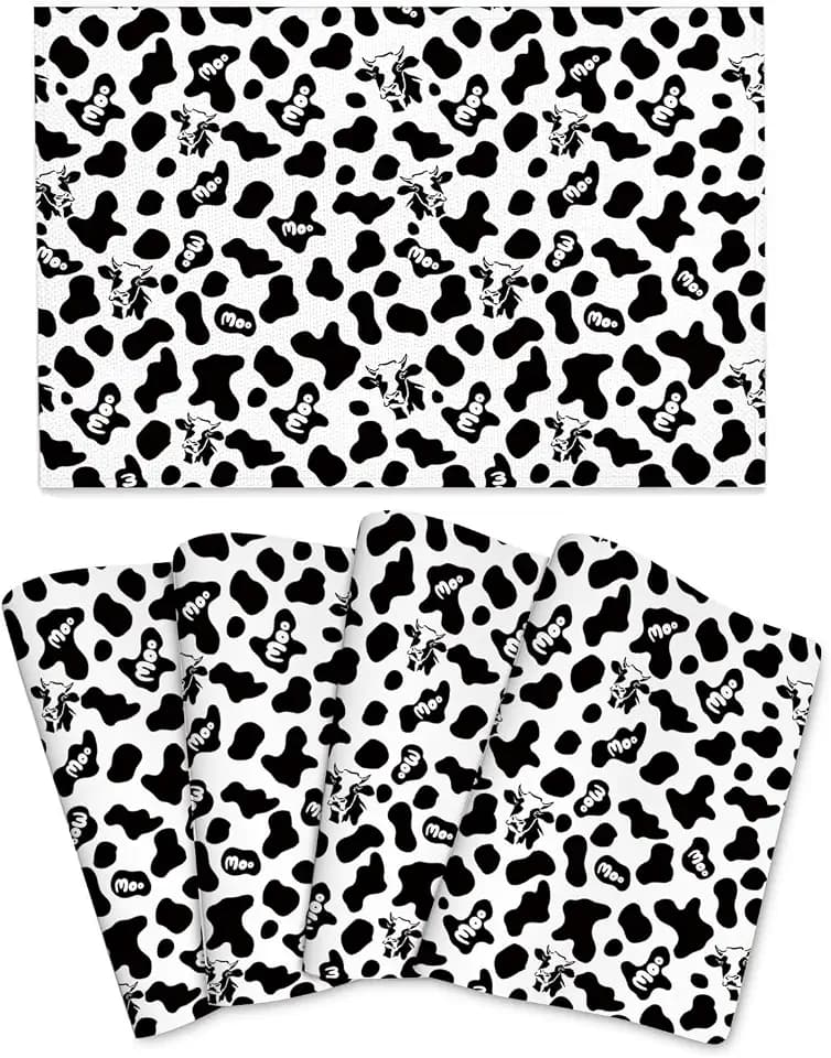 Cow Print Placemats Set of 4 Linen 12"x18" Black White Decorative Place Mats Washable Kitchen Table Mats for Dining Outdoor Farmhouse Home Decor Holiday Party Dining Mat