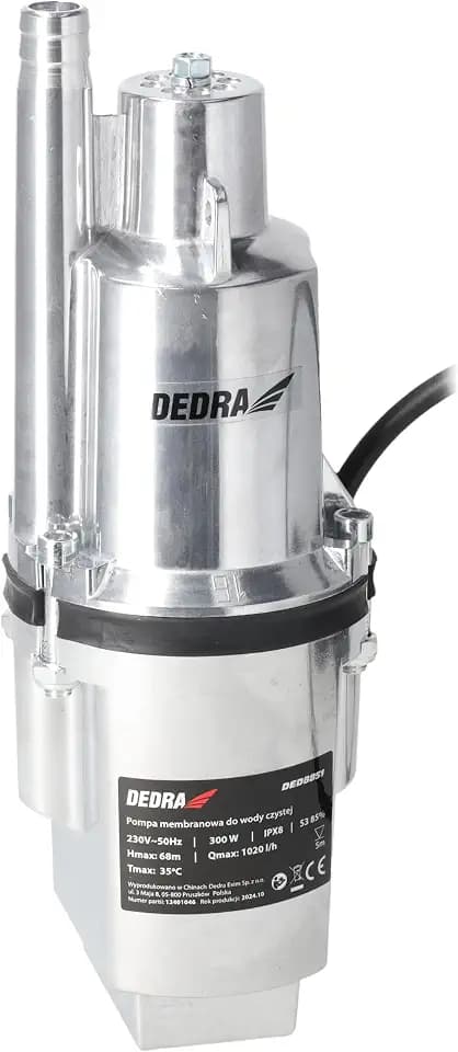 DEDRA Membranpumpe für sauberes Wasser, Tauchmembranpumpe Garden 300W, Förderhöhe 68 m, Netzkabel 10 m, Aluminiumgehäuse, schneller Wasserfluss unter hohem Druck