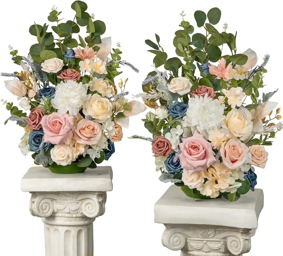 TINGE TIME Free Standing Artificial Rose Flowers Set of 2, Wedding Arch Altar Stage Decorations, Silk Fake Flower for Wedding Centerpiece Archway Aisle Welcome Entrance (DustyRose&NavyBlue)