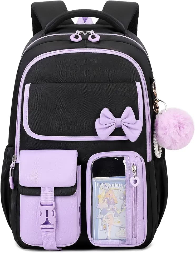 Girls Backpack, School Backpack for Girls, Cute Bow Kids Bookbag for Grils Children Teens for Elementary Middle High School Student, Black Purple