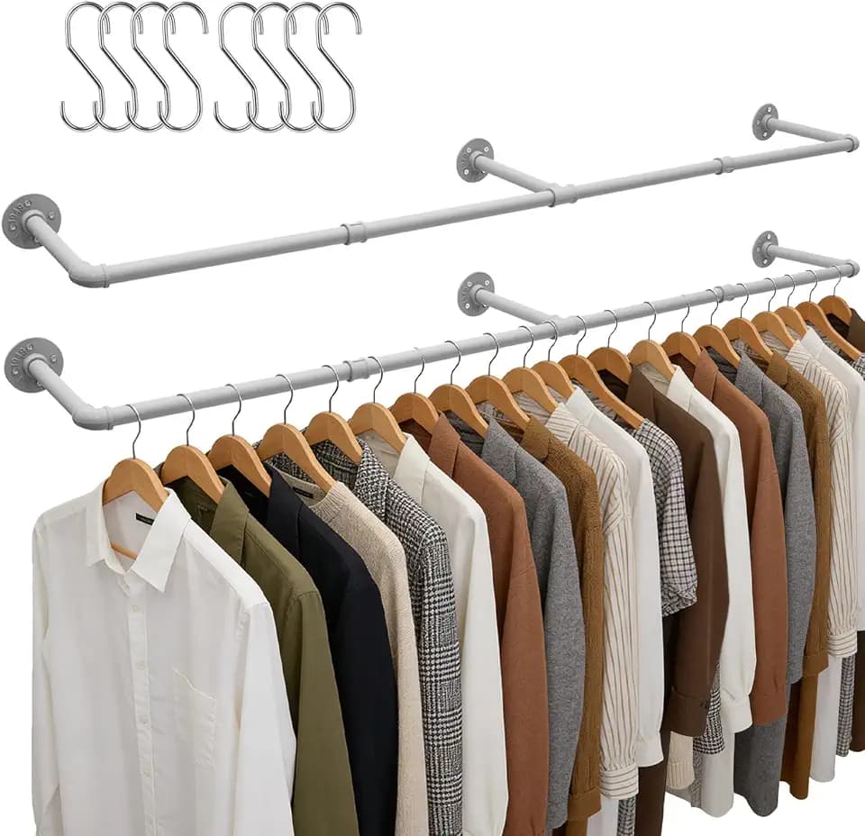 Aduanbang 65.7in Industrial Pipe Wall Mounted Clothes Rack, Heavy Duty Detachable Iron Garment Bar, Rustic Space-Saving Hanging Rod for Bedroom, Closet – Silver Gray,4 hooks