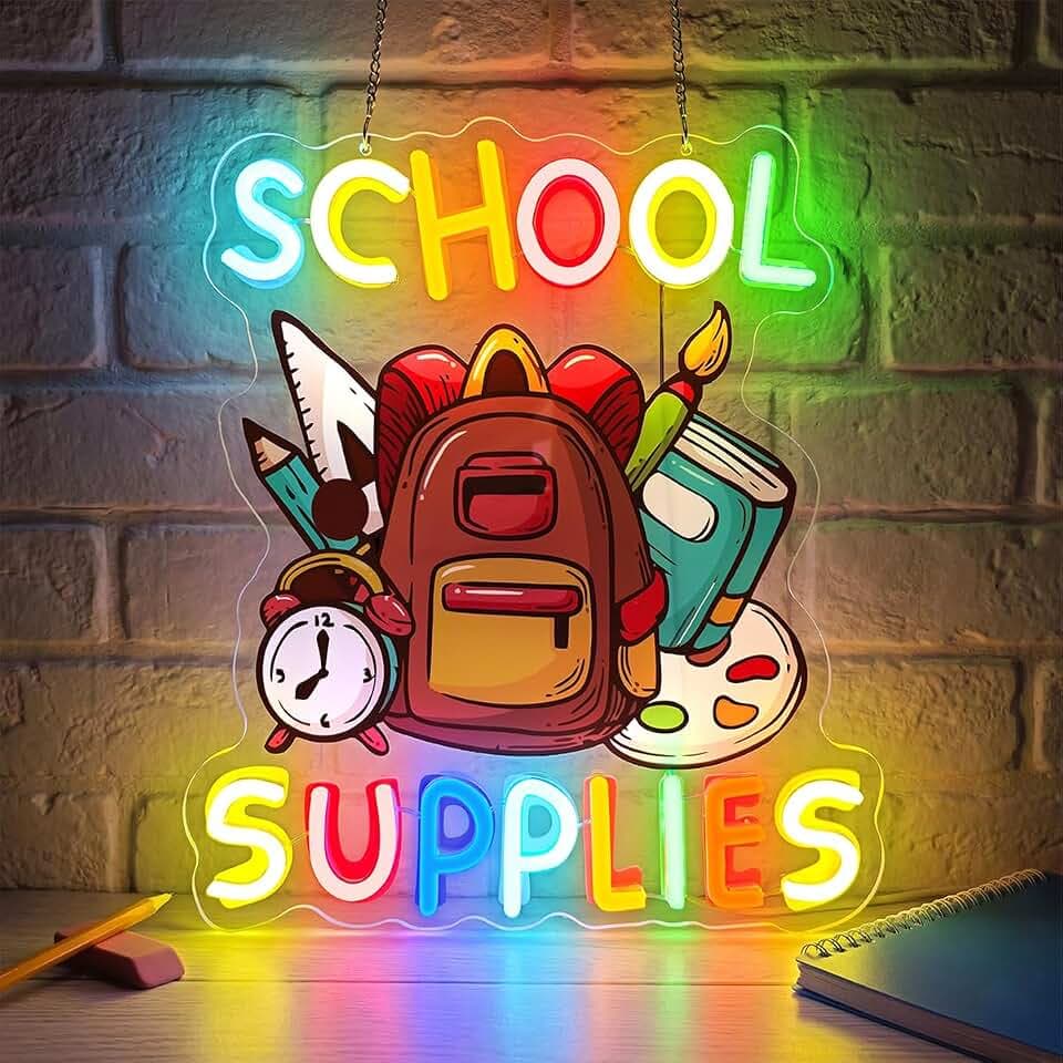 School Supplies Neon Sign Back To School Neon Signs for Wall Decor Dimmable Stationery Neon Lights for Office Supply Stores Bookstores School Classroom Nursery Decorations