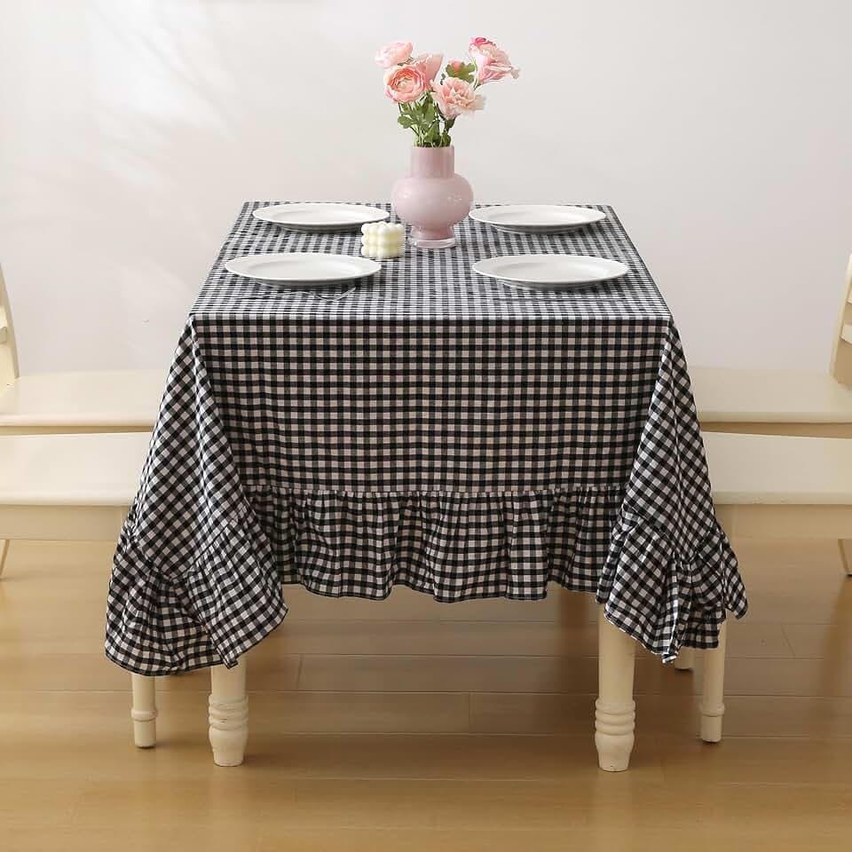 Black White Gingham Ruffled Table Cloth Rectangular 70"x52"