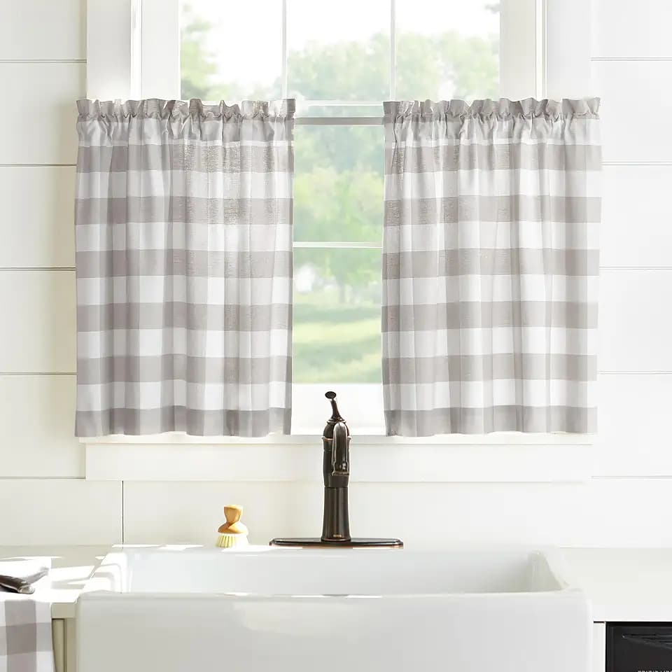Farmhouse Living Buffalo Check Window Tier Set, Gray/White - 30" W x 36" L