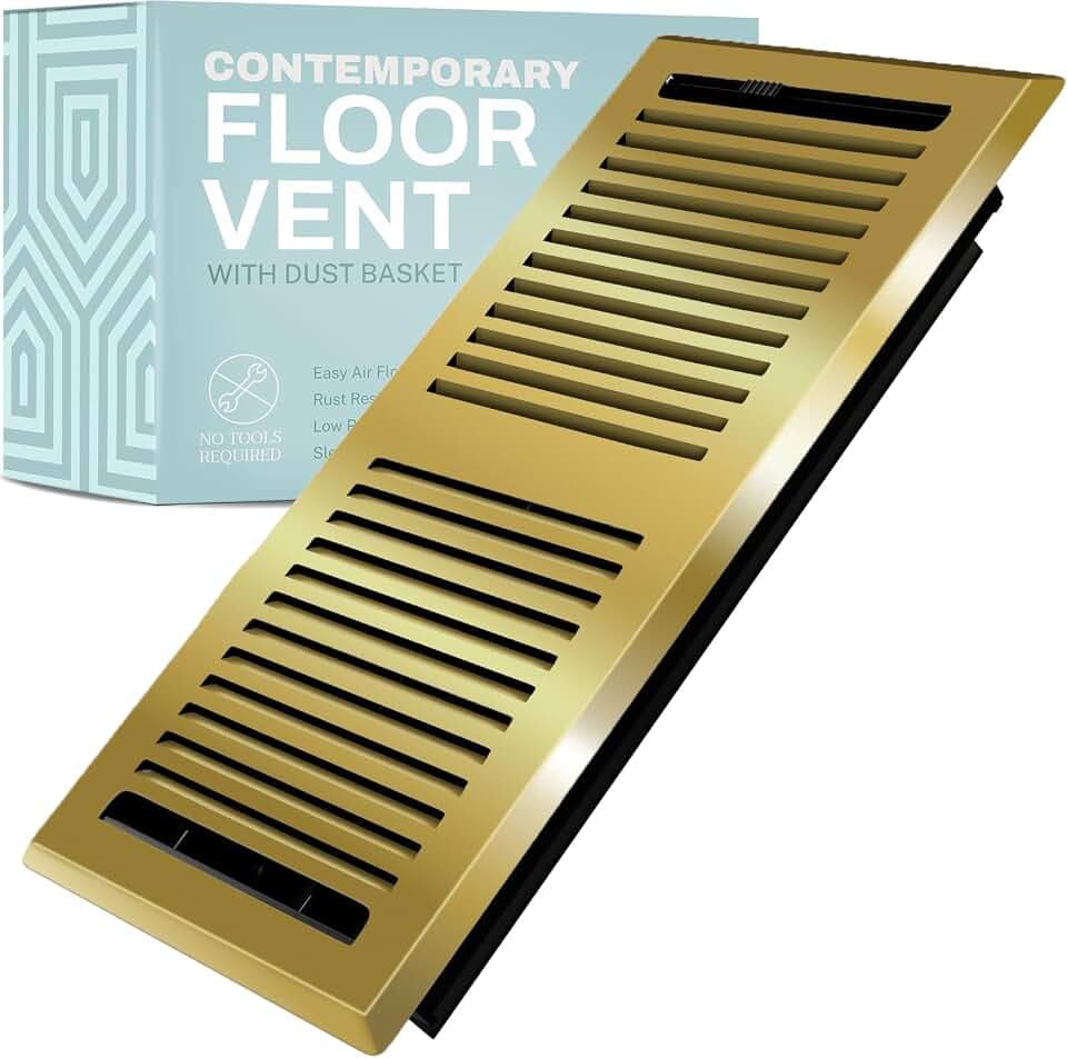 Home Intuition Contemporary Floor Vent Covers 4X10 Inch Floor Register with Mesh Cover Trap Heat and Air Walkable Metal Floor Vent for HVAC Duct, Polished Brass