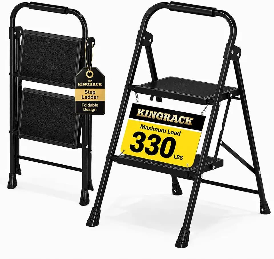 KINGRACK 2 Step Ladder Folding Step Stool with Handrail for Kitchen Black