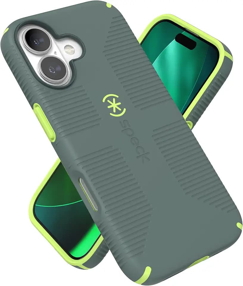 Speck CANDYSHELL Grip +MS Schutzhülle für iPhone 17, Neo Drab/Glow Green, schlanker Schutzgriff, Fallschutz, MagSafe-kompatibel