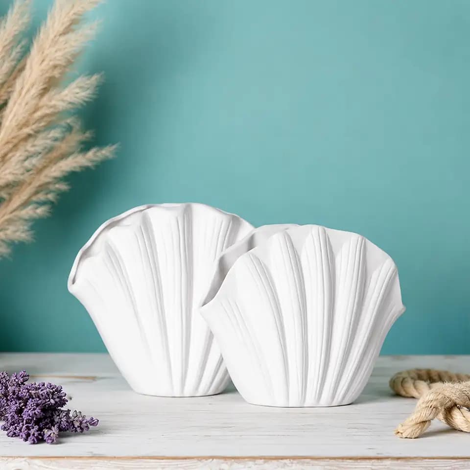 Seashell Vase Set of 2, White Ceramic Shell Vase 6.3" & 5.7", Coastal Sea Shell Vases Decor for Dried Flowers Faux Stem, Beach Nautical Table Decor, Scalloped Aesthetic Vases for Home Accents