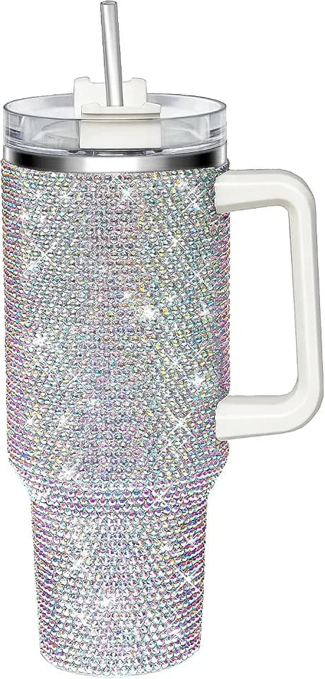 40oz Tumbler with Handle and Straw, Glitter Rhinestones Tumbler Bling Cups