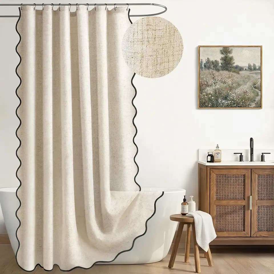 Scalloped Shower Curtain Linen Boho Beige 72" W x 84" L