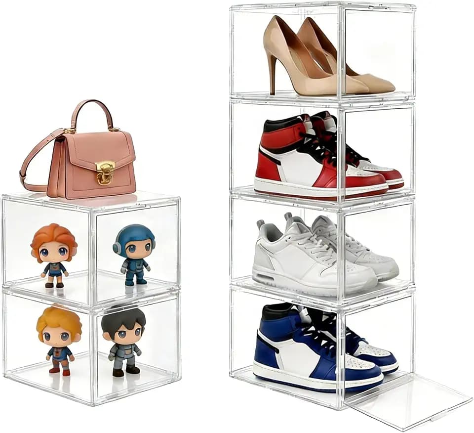 X-Large Shoe Organizer 6-Pack, Stackable White Transparent Acrylic Shoe Boxes with Ventilation, Dustproof Storage for Sneakers/Heels Side-Opening