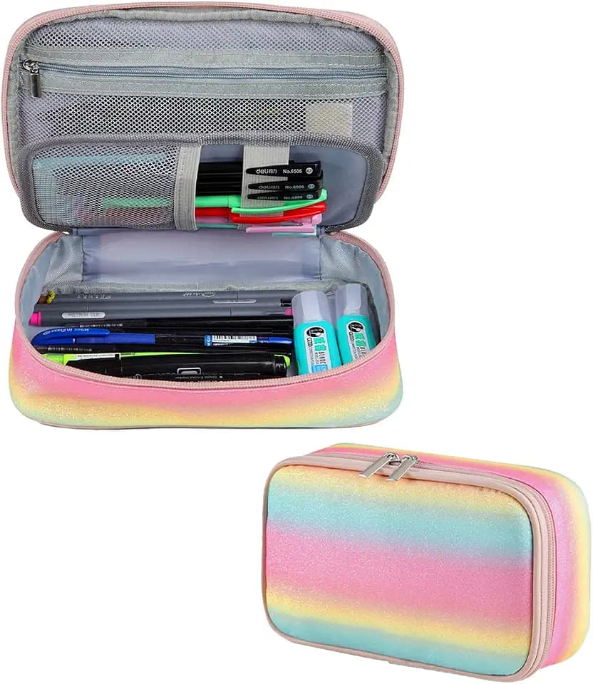 VASCHY Pencil Case Pouch for Kid Girls, Large Capacity Pen Stationery Holder with Double Compartment for School Unicorn Giltter Rainbow