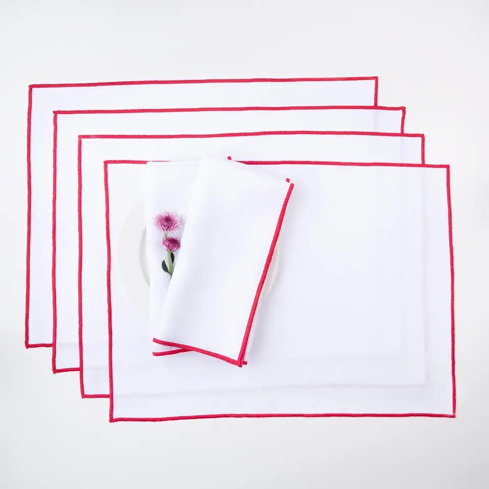 D'Moksha Homes White Linen Placemats with Red Embroidered Trim, Set of 4-14 x 19 Inch, 100% Pure Linen Cloth Placemats White & Red for Dining, Spring - Machine Washable