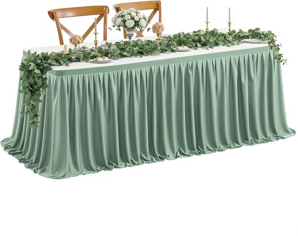 Wish Care 6ft Long Sage Green Table Skirt for Rectangle Tables - Wrinkle Resistant Polyester Pleated Table Skirting for Parties Weddings Office