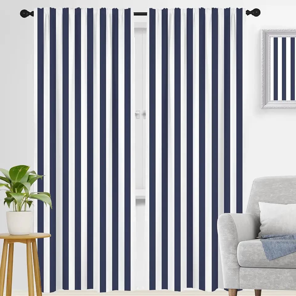 zokyer Navy Blue White Striped Curtains 84 Inch Length, 2 Panel Vertical Stripe Farmhouse Drapes, Modern Room Darkening Window Treatments,42" W x 84" L inch