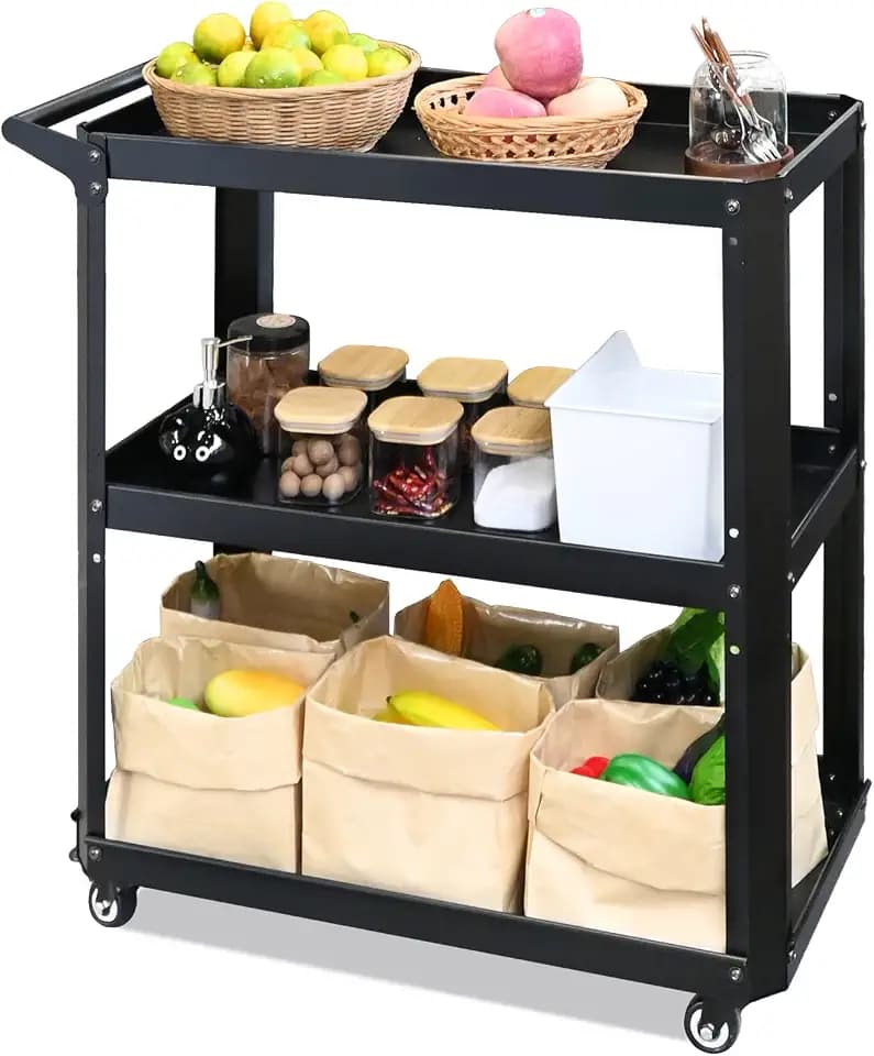 3 Tier Metal Utility Rolling Cart with Wheels, Black