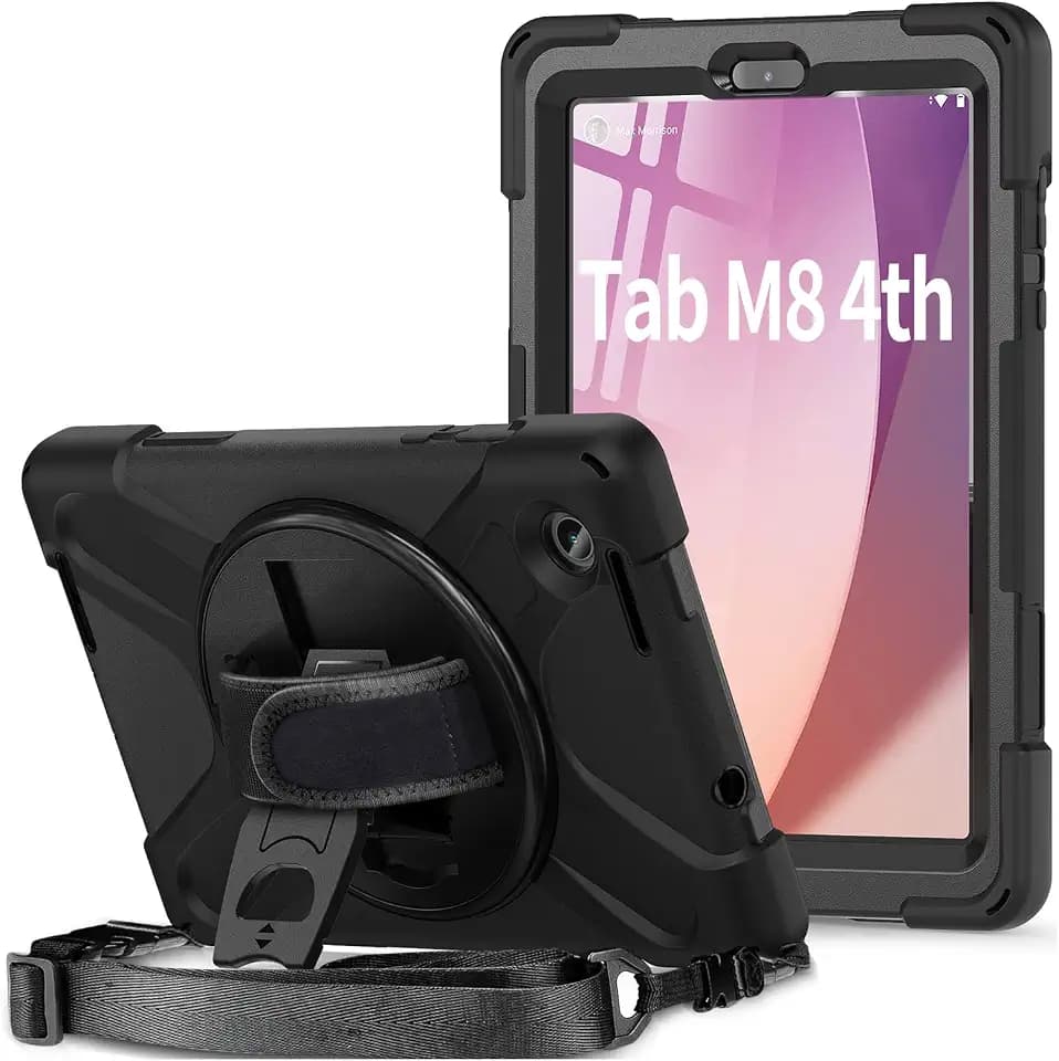 Gerutek Hülle für Lenovo Tab M8 (4th Gen) 8 Zoll 2023, Stoßfeste Robst Panzerhülle mit 360° Drehbarer Ständer, Handschlaufe und Schultergurt, Schutzhülle für Lenovo Tab TB-300FU/TB-300XU, Schwarz