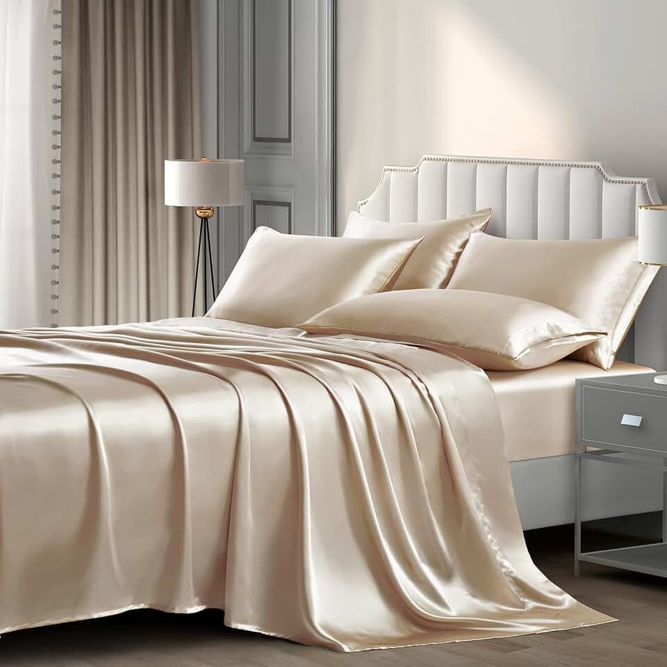 P Pothuiny 6-Piece Full Satin Sheet Set Taupe Silky Sheets