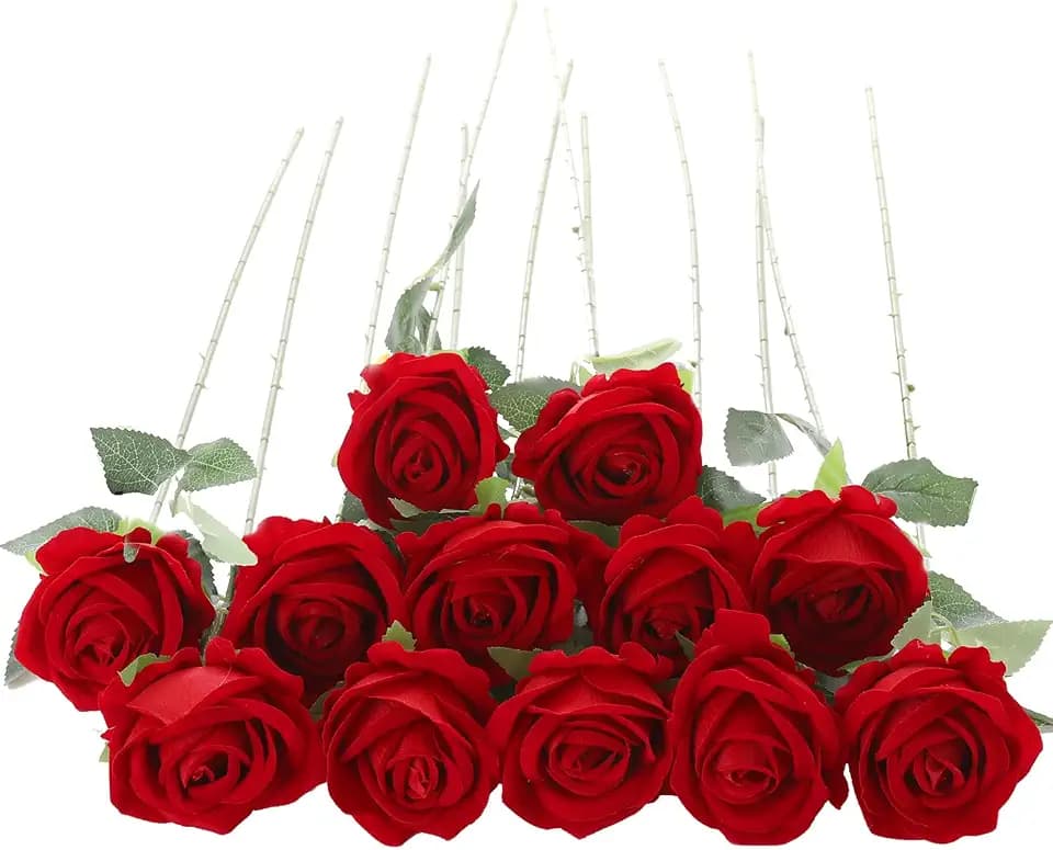 12Pcs Red Roses Artificial Flowers Fake Roses Faux Velvet Silk Flower for Home Wedding Decoration (Pearl Rose, Red)