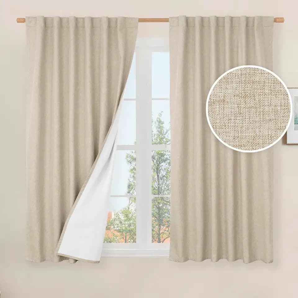 LAMIT 100% Blackout Linen Window Curtains for Bedroom 45 Inches 2 Panels