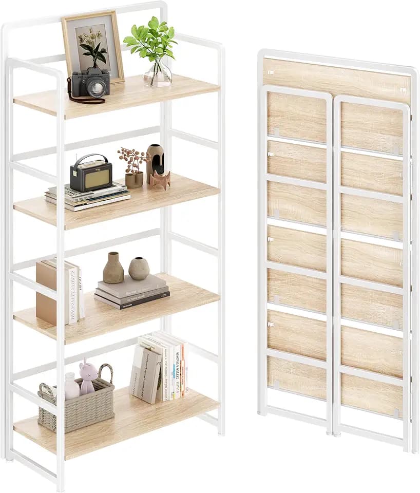Folding Bookshelf 4 Tiers,No Assembly,Vintage Wood Bookcase Storage,Beige