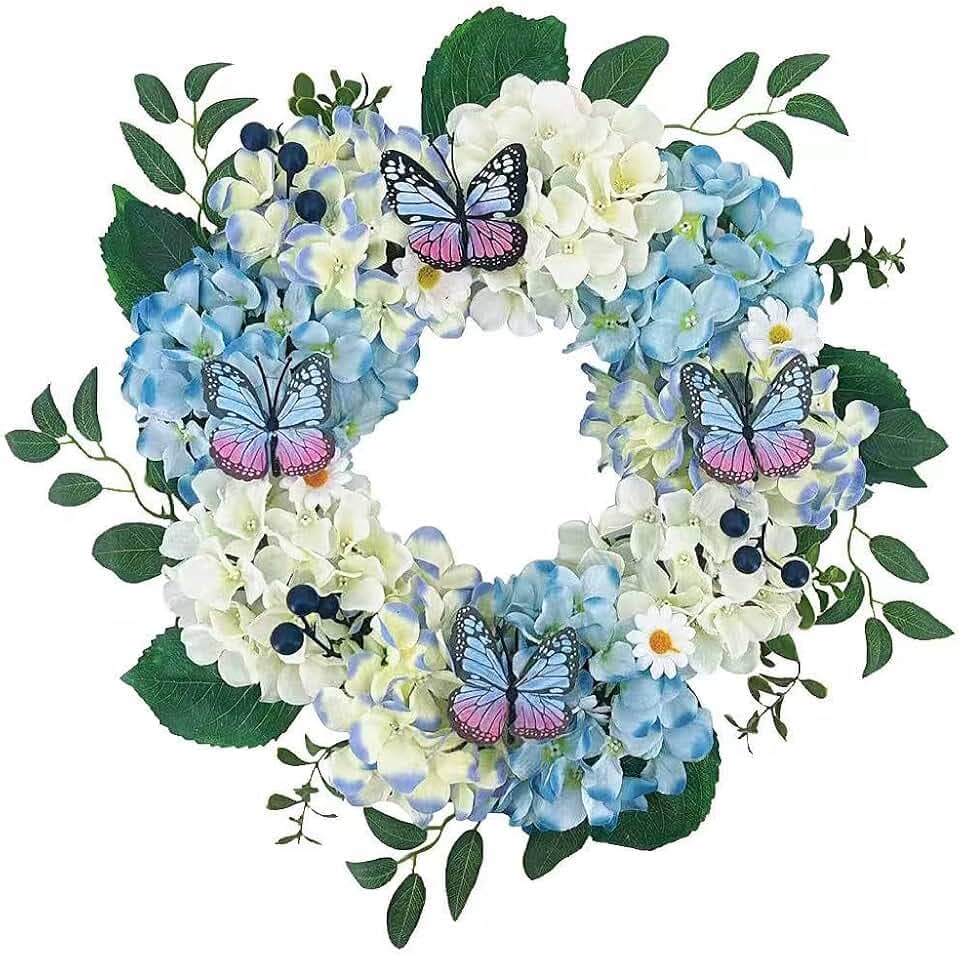 20" Blue Hydrangea Wreath, Floral Wreath for Front Door Decor