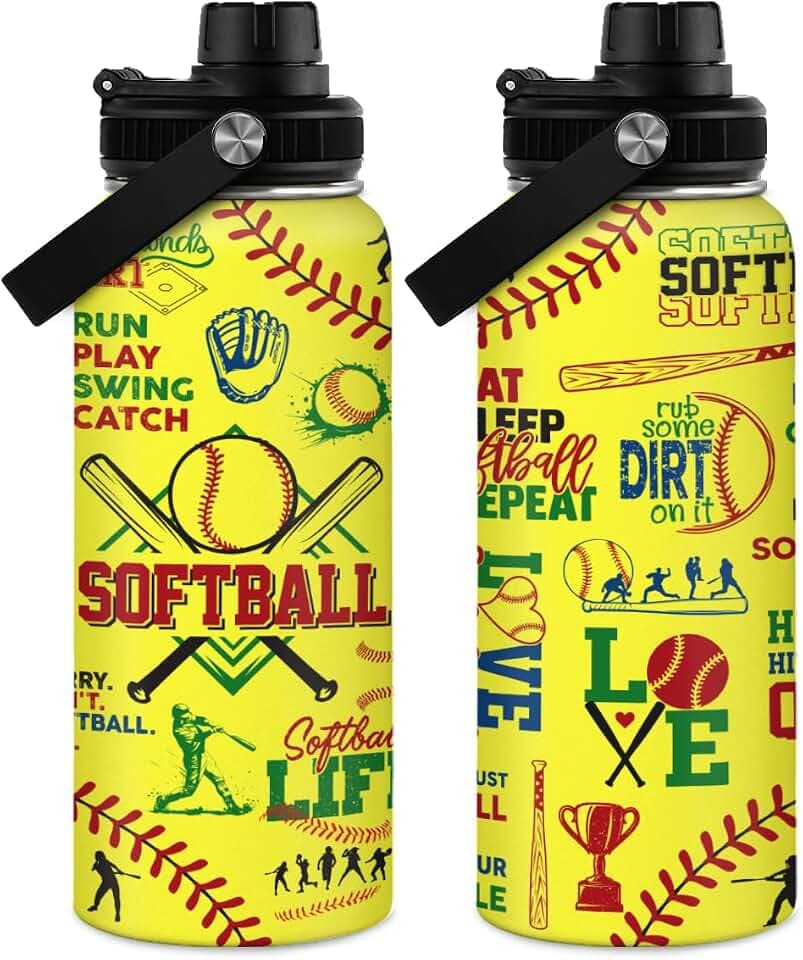 Softball Gift Water Bottle With Lid, 32oz Insulated Stainless Steel Sport Bottles - Softball Players Fan Coach