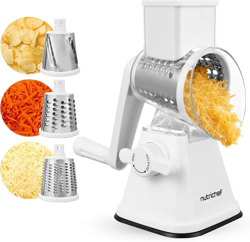 NutriChef 3 in 1 Cheese Grater & Shredder | Strong Suction Base, Rotary Handle with Safety Lock | Includes Hand Crank & 3 Drum Blades for 3 Textures, Fine, Medium & Strips | White