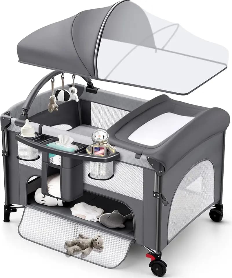 Pack and Play,Baby Bassinet,Playpen,Crib, Diaper Changer,Grey