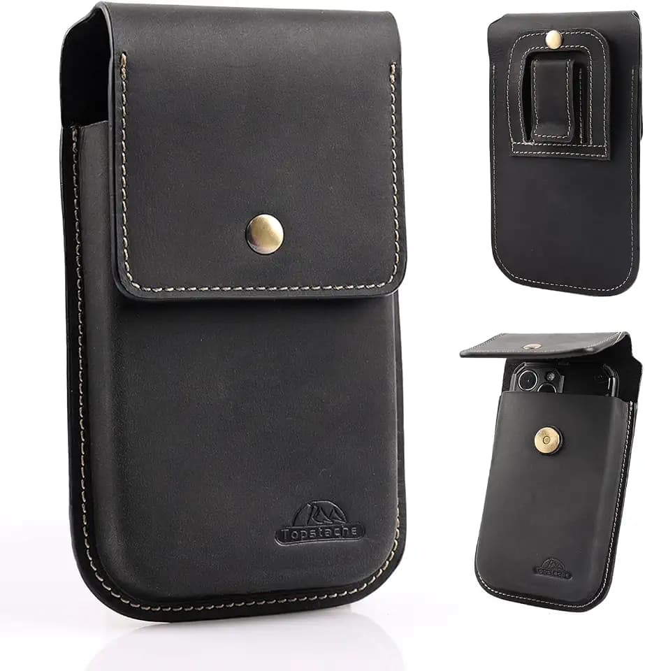 Topstache Leather Cell Phone Holster for iPhone 17/16/15 Pro Max & Plus - Magnetic Closure Cell Phone Case with Belt Clip - Leather Belt Pouch for Galaxy S25/S24/S23 Ultra & Plus, XL,Black