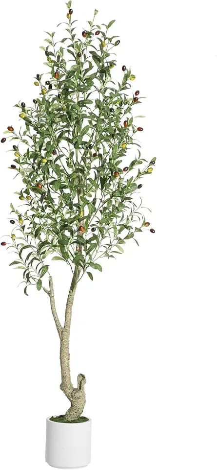Garvee Artificial Olive Trees for Indoor, 6 ft Faux Olive Tree with White Tall Planter, Artificial Plants with Natural Trunk, Green Leaves and Lifelike Fruits for Home Office Stairs Foyer DéCor, 1pcs