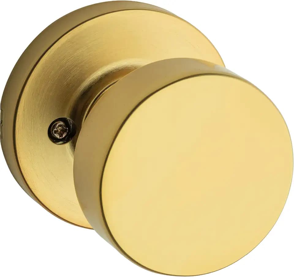 Kwikset Pismo Dummy Door Knob, Single Sided Handle for Closets, French Double Doors, and Pantry, Satin Brass, Round, Non-Turning Interior Push/Pull Door Knob, Microban Protection