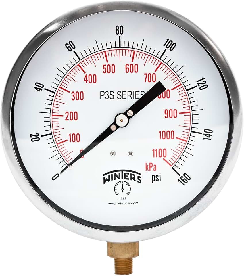 Winters P3S 300 Series Aluminum Pressure Gauge with Brass Internals, 0-160 psi/kpa, 6" Dial Display, +/-5% Accuracy, 1/4" NPT Bottom Mount