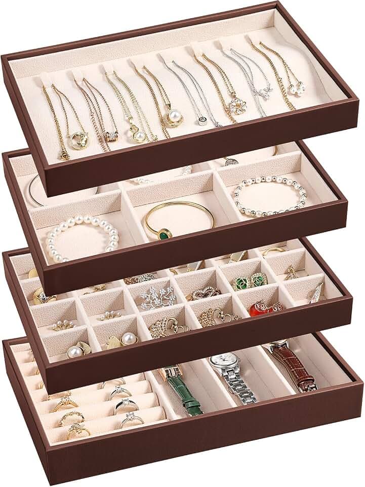 LANDICI 4-Piece Stackable PU Leather Jewelry Organizer Trays, Coffee