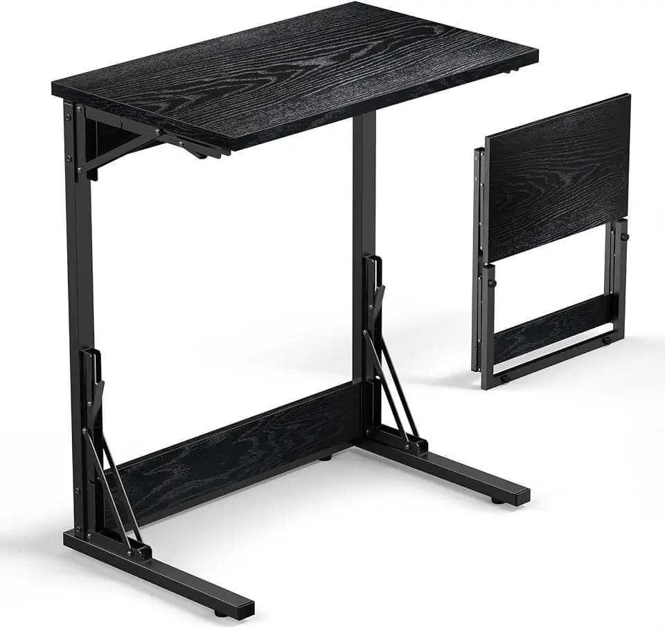 Tatub 24" TV Tray Table, Folding C Shaped End Table, Small Sofa Side Laptop Desk for Living Room, Bedroom, Dark Black
