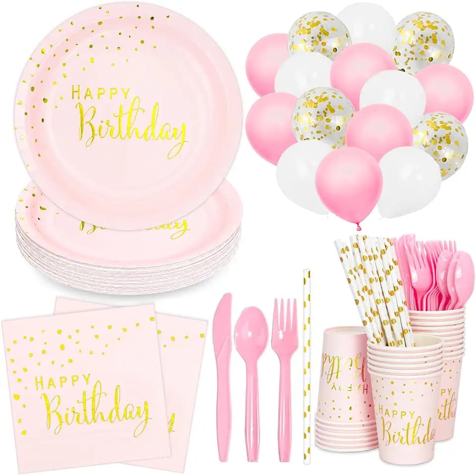 DYLIVeS 192pcs Pink & Gold Dots Happy Birthday Party Pack, Disposable Plates, Napkins, Cups, Straws, Balloons, Cutlery - Serves 24