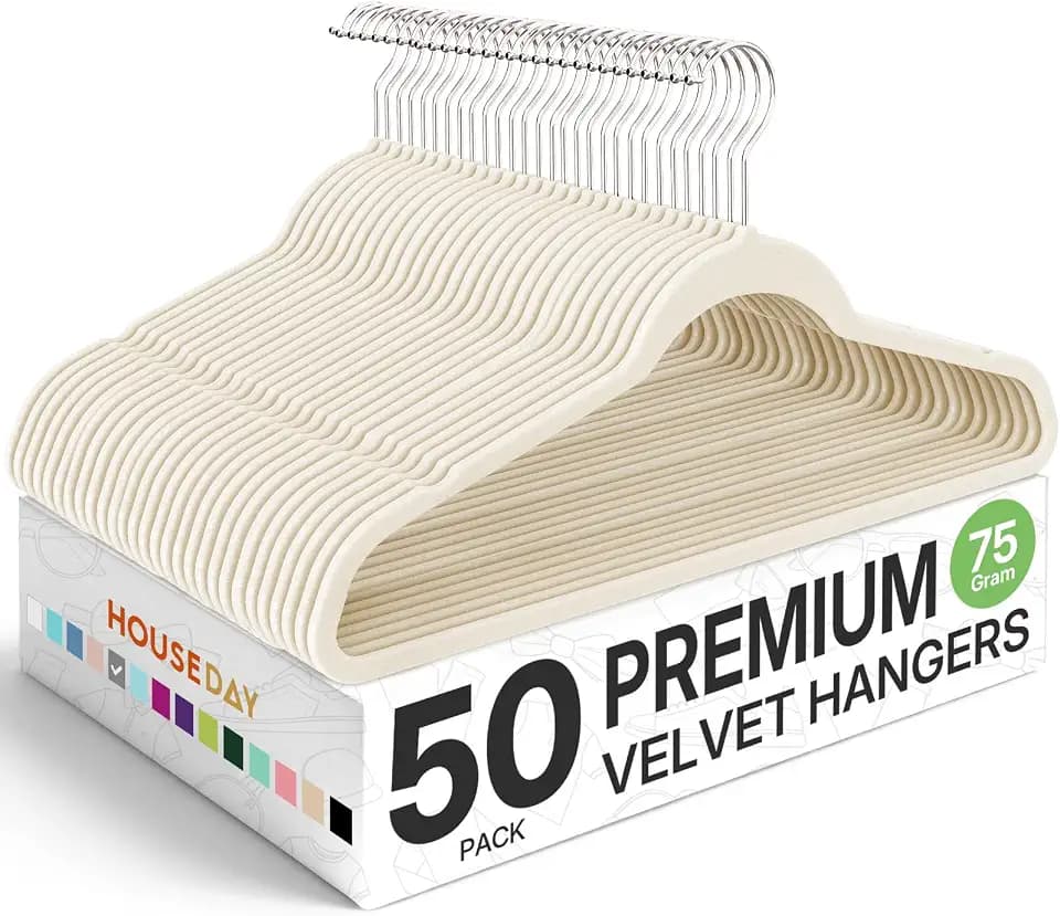 HOUSE DAY Premium Velvet Hangers 50 Pack Ivory, Non-Slip Flocked Felt Hangers, Sturdy Clothes Hanger with 360° Rotatable Hook, Heavy Duty Durable Slim Coat Hanger for Closet Space Saving