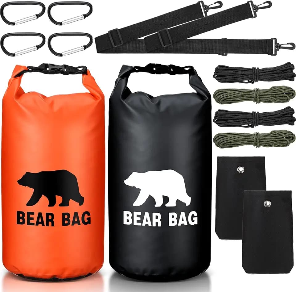 Foilswirl 2 Sets Bear Food Bag for Camping Ultralight Food Bag Hanging System Includes 2 Pcs 10 L Waterproof Bear Bag Pulley System and 4 Pcs Nylon Ropes 4 Pcs Clips 2 Pcs Rock Pouch