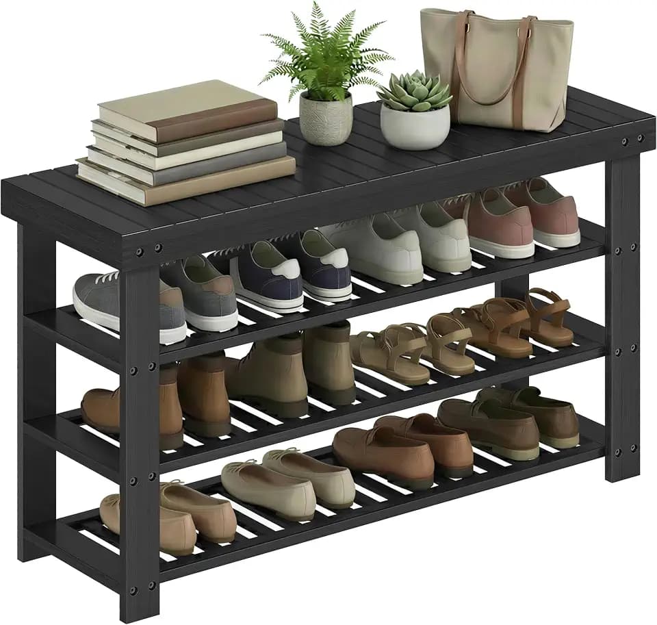 SONGMICS Shoe Rack Bench, 4 Tier Bamboo, 11.3 x 35.2 x 20.5 Inches