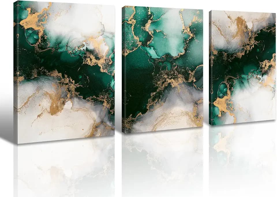3 Piece Emerald Green and Gold Abstract Canvas Wall Art, Framed 12x16in
