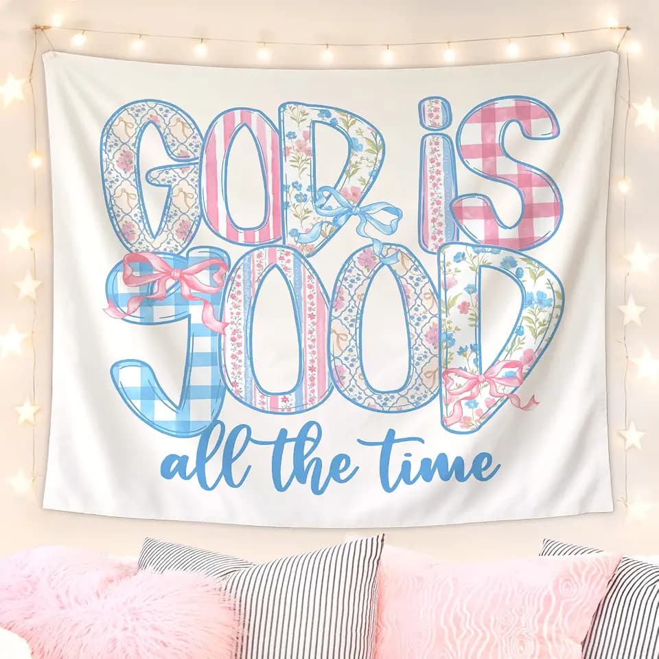 Lacama Cute Christian Tapestry, Preppy Bible Tapestry Decor for Bedroom College Dorm Apartment, College Dorm Decor,Christian Gifts for Women, God is Good all the Time Blanket 50x60 Inches