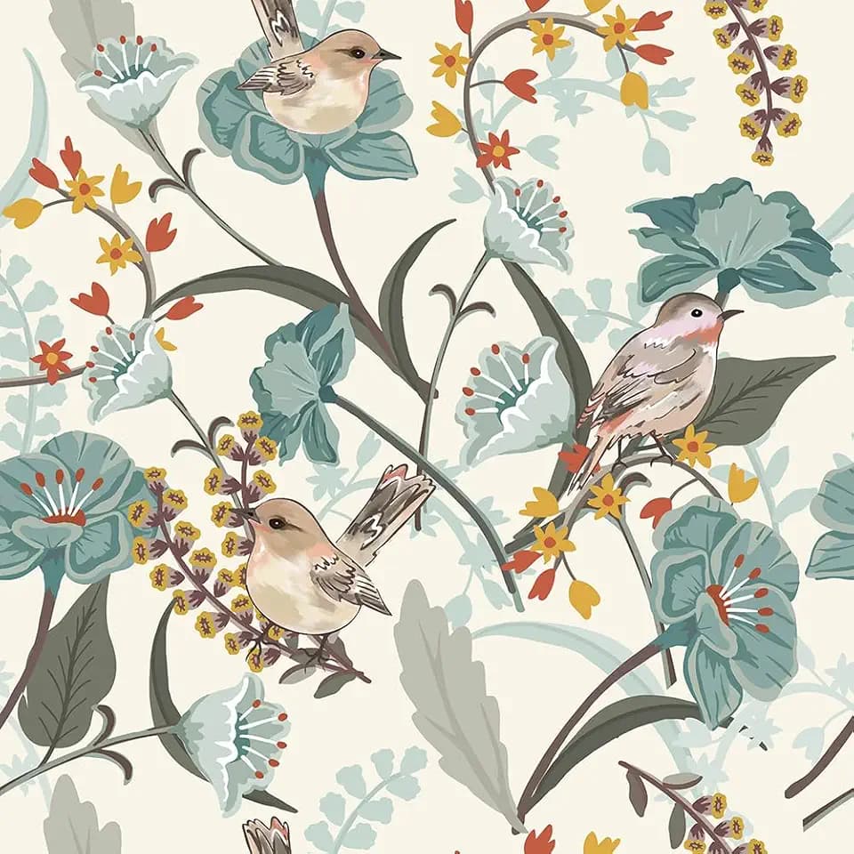 REDAMANCY Beige Cream Birds Green Leaf Plants Vintage Botanical Peel and Stick Wallpaper Stick on Contact Paper Vintage wall Paper Easy Peel Off for nightstand Drawer Cabinet Renter