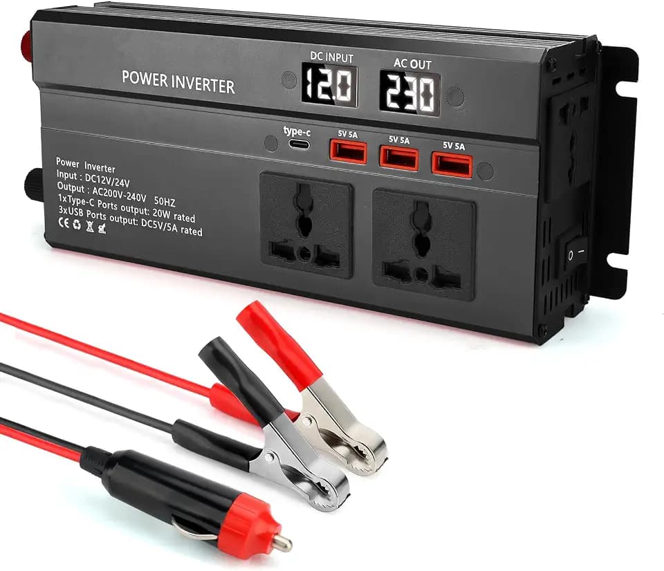 1000W Kfz Wechselrichter 12V/24V auf 230V–Auto Spannungswandler mit 3 Steckdose, 2 USB, 1 Type-C, Schnellladung, Dual-LED-Display, für Camping, Reisen, Wohnmobil, LKW & Notfallstromversorgung