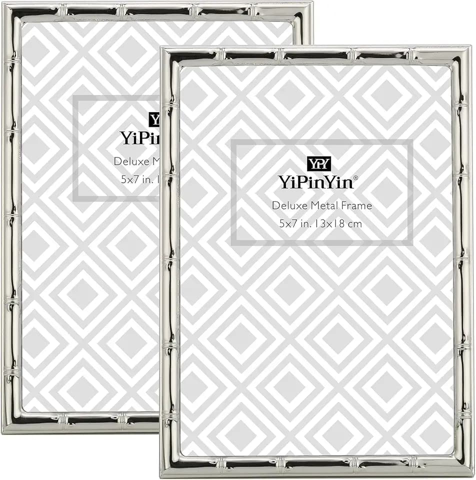 YiPinYin 5x7'' Bamboo Detail Designs Silver Metal Picture Frame 2pack,Elegant Silver Plated Baby Nurse Photo Frames 5x7'' With Soft Touch Velvet Backing for Desktop and Wall Décor