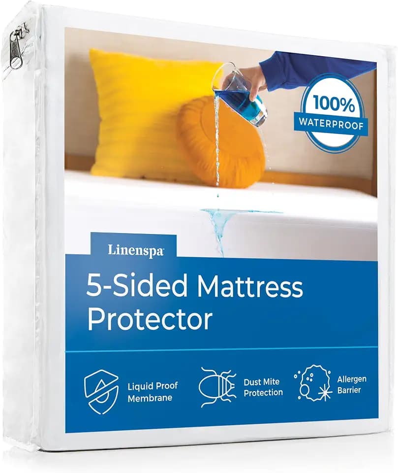 Linenspa 5-Sided Waterproof Mattress Protector – Breathable, Fitted Sheet Style, Machine Washable – King Size Mattress Protector, White